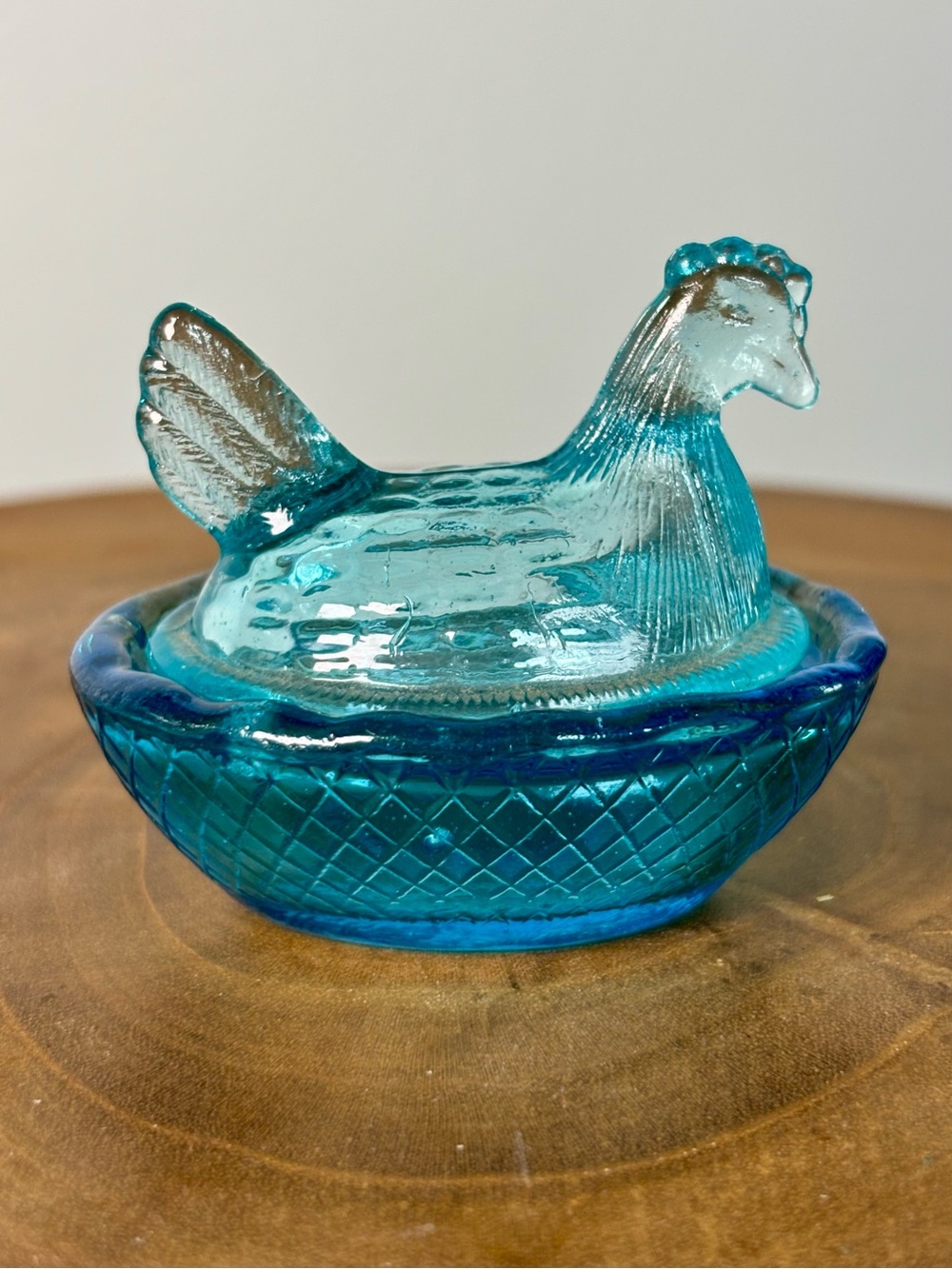 Capri Blue Glass Mini Hen on Nest Salt Cellar Scalloped Edge Aqua miniature VTG